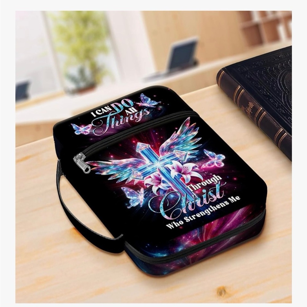 Inspirational Cross Graphic Bible Cover- Black with Iridescent Pink & Blue - Picture 4 of 7